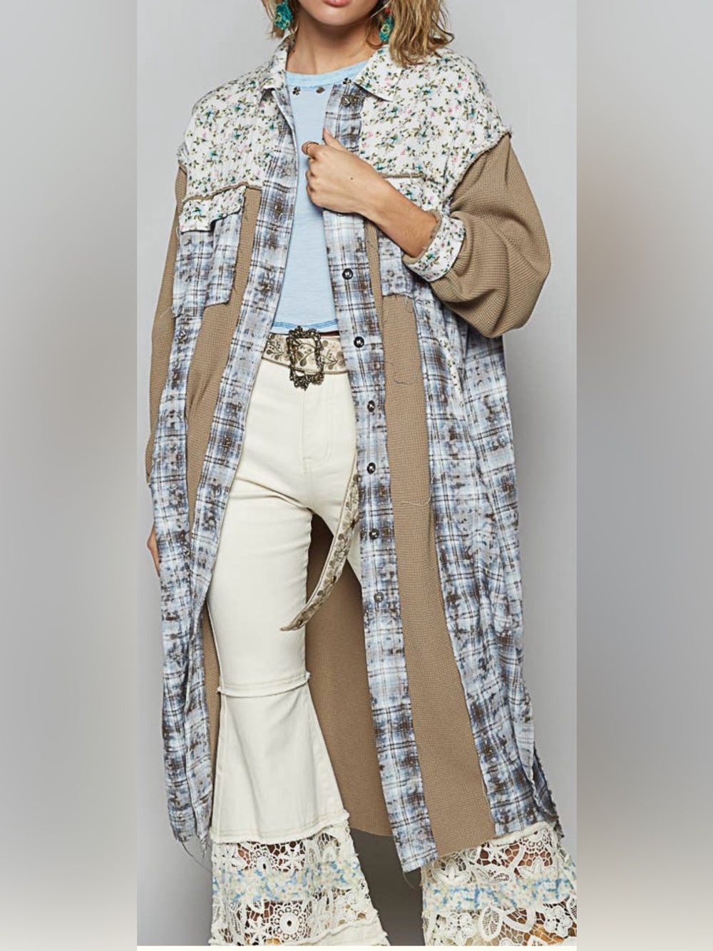 124🌟 Balloon sleeve plaid floral contrast long placket jacket: OLIVE MULTI